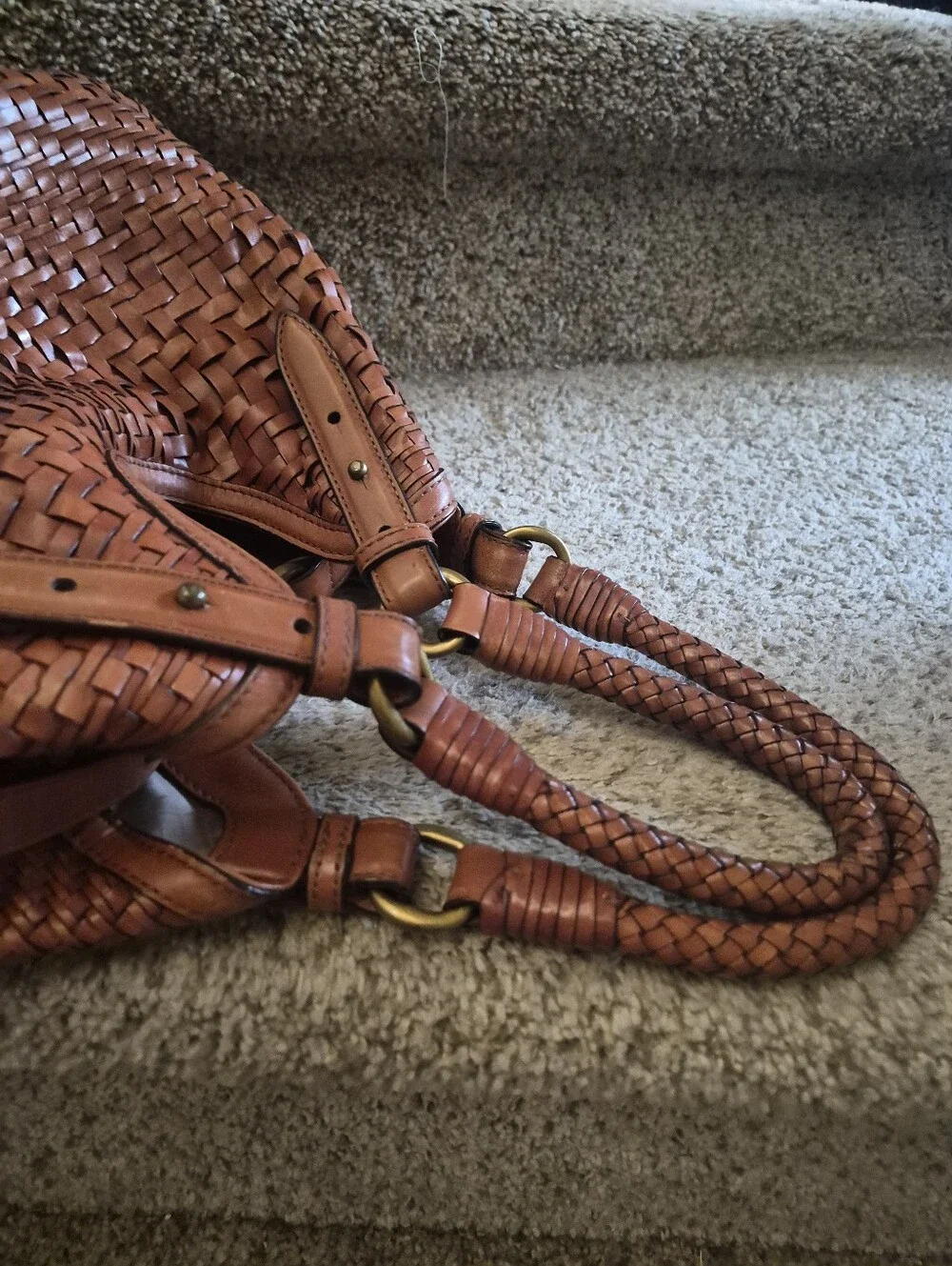 Cole Haan Genevieve Woven Leather Triangle Tote Hobo Bag Brown